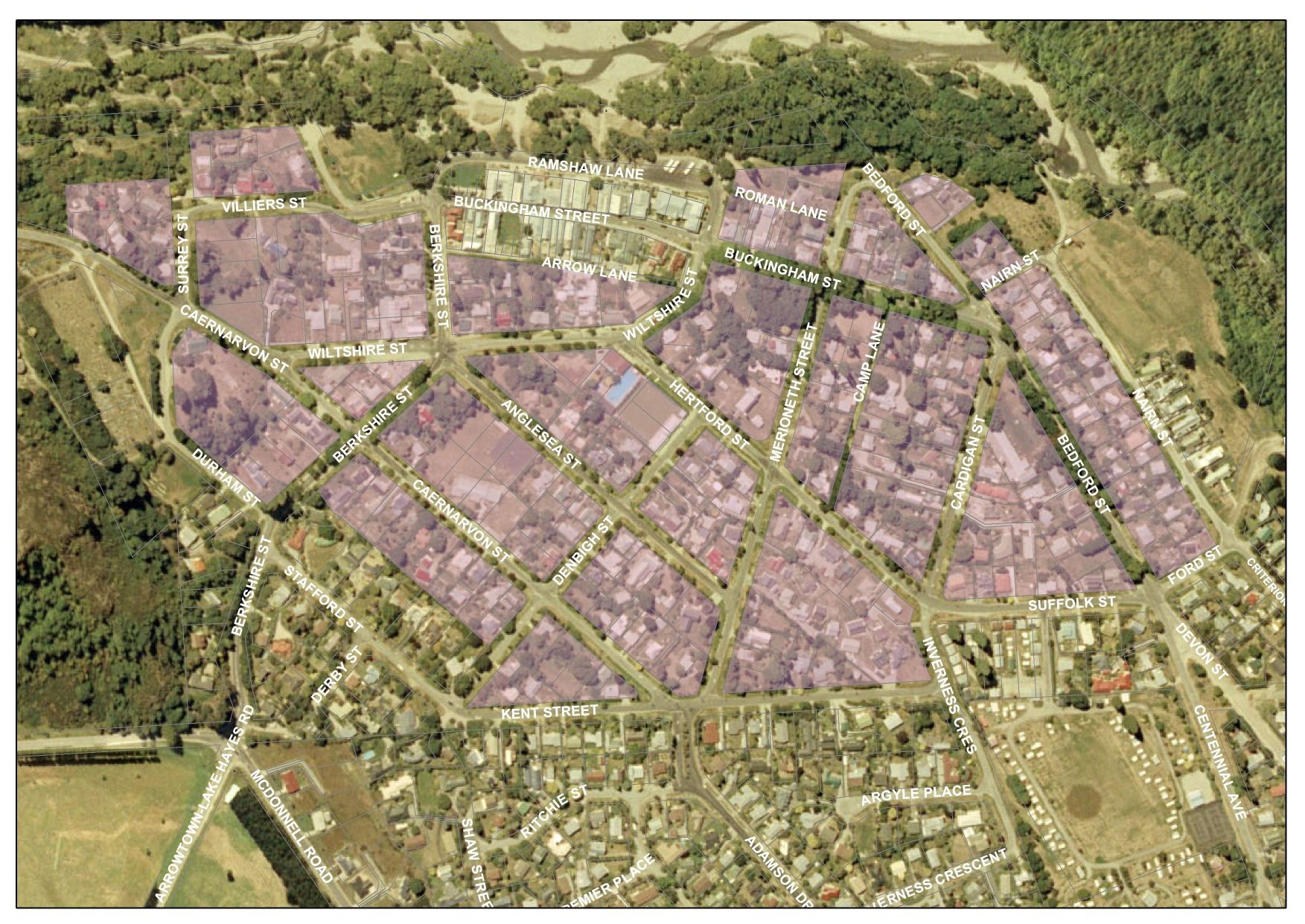 Map of Arrowtown Historic Zone - purple shade indicates the Historic area.